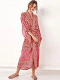 Tropical Printed Reddish Orange Ankle Length Beach Wear Kimono Dress Fashion Women Swimwear Chiffon Tunic pareos