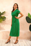 2021 Summer Fashion Sexy V Neck Short Sleeve Women's Split Dress Bohemia Casual Belt Empire Polka Dot Print Ladies