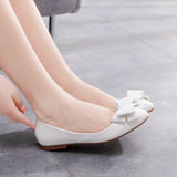 White Pointed Flat-Soled Single Shoes Women's Working Women's Shoes Bow Women's Shoes Large Size 41-43 Bridal Shoes Wedding