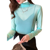 M-3XL Girls Colorful Mesh T-Shirts Tees Female Transparent Long Sleeve Turtleneck Thin Tshirt Tops Women Spring