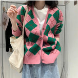 Zingj Version Bump Color Diamond Case Knitting Cardigan Female Autumn Winter New Wear Retro Loose V-Neck Sweater Coat