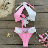 Solid Color Cross-Band Hollow Split Swimsuit Women 2025 New With Drill