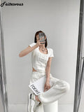 New Bright Line White T-shirt Women Fashion Slim Square Neck Short Sleeve Cropped Tops