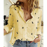 Elegant Oversized Tops Casual Long Sleeve Birds Print Cotton and Linen Loose Blouse Office Lady Button Lapel