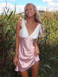 Pink V-neck Tie Up Patchwork Satin Mini Dress-Outfit