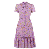 Vintage Midi Party Dress Autumn Elegant Floral Print Bow Tie Neck Button Front Women Short Sleeves Office Lady OL