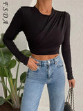 O Neck 2021 Brown Crop Top Women Ruched 90s Y2K Basic Autumn Winter Casual Black Long Sleeve T Shirts Sexy
