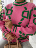 2021 Autumn Winter Long Sleeve Pink Sweater Women Knitted Green Y2K O Neck Loose Oversized Pullover Casual