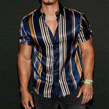Mens Shirt Summer Streetwear Casual Short Sleeve Turn-down Collar Button Shirts Men Vintage Striped Print Cardigan