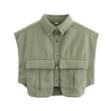 Women's Dress 2025 Solid Color Big Pocket Sleeveless High-End Feel Cardigan Polo Collar Denim Shirt Top