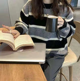 Zingj New Autumn Winter Add Thick Classic Stripe Spell Color Sweater Female Loose Languid Lazy Wind Outside Wear Knit Jacket Trend-Outfit