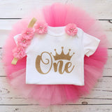 Headband Short Sleeve Top and Tutu Dress Outfits 3pcs for 1 Year Baby Girls First Birthday Party Cotume Newborn