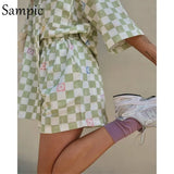 Casual Women Lounge Wear Summer Plaid Tracksuit Shorts Set Short Sleeve Shirt Tops And Mini Shorts Suit Two Piece
