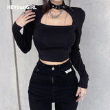 Cut Out Black Harajuku Crop T Shirt Gothic Casual Basic Woman Tshirt Tops Long Sleeve Tee Shirt Women Cool
