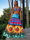 Summer Colorful Print Dress Two Piece Set Sleeveless Sexy Deep V Top High Waist Hollow Dress Suit Beach Vacation Female