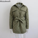 plaid Quilted Jacket Women Loose Thin Puffer Parkas Coat Vintage Belted Outwear Autumn Winter Ladies Oversize