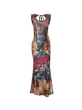 Vintage Random Print U Neck Backless Maxi Dress-Outfit