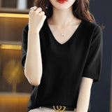 Zingj 2024 New Short-Sleeved Sweater Women's T-Shirt Solid Color V-Neck Short-Sleeved Bottom Shirt Top Thin Style A Hair-Outfit