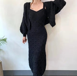 Knitted Single-breasted Lantern Sleeve Cardigan Sweater Coat V Neck Sleeveless Spaghetti Strap Sweater Dress 2 Piece