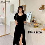 Women Black Retro Plus Size 4XL Elegant Friends Side Slit Temperament Minimalist Shirring Summer 2021 Daily Chic