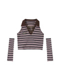 Vintage Striped Slim T Shirt Y2k Design Knitted Tops Polo-Neck 90s Streetwear Harajuku Fashion Casual Crop Top