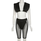 Sexy Mesh Two Piece Set Women Unique Design Oversize Sheath Cleavage Sleeveless Top+SeeThrough Stretchy Hot Female