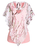 Bloom Flower Print Chiffon Overlay Heathered Tee Women Tops Faux Twinset False Two Piece Summer T Shirt Casual
