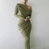Draped Off-Shoulder Long Sleeve Top And Maxi Skirt Set- Outfit