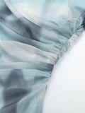 Print Tulle Crop Top Women Ruched Mesh Blouse Female Blue Long Sleeve Tops For Women 2023 Streetwear Chic Woman