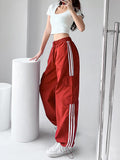 Streetwear Striped Cargo Pants Women High Waist Pockets Americam Casual Trousers Harajuku Loose Chic Patchwork