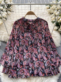 Korean Print Chiffon Shirt Bow Neck Long Sleeves Loose Leopard Top Casual Paisley Vintage Floral Blouse Spring