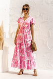 Queens Women Floral Print Short Sleeve Beach Bohemian Maxi Dress Robe Ladies V-neck Boho Dresses