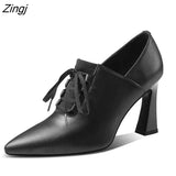 Heels Hoof Pumps Women Lace Up Pumps Cow Leather Shoes Female Fashion Pointed Toe OL Shoes Women Autumn 2023