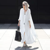 Queens Women White Long Sleeve Beach Loose Bohemian Maxi Sundress Ladies V-neck Boho Shirt