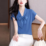 Female Short Sleeve OL Commuter Wind Elegant Mulberry Silk Jacket Bow Ribbon