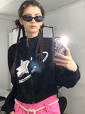 Winter Vintage Jackets Women Turn-down Collar Y2k Print Jackets Coats American Retro Black Coat Streetwear Female