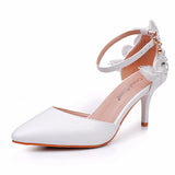 Lace Flower Wedding Shoes One-Word Wristband Bridal Shoes Fine Heel Sharp Wedding Shoes Women Sandals Car Show