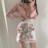 Women Summer 2 Piece Set Sexy Transparent Long Sleeve Pink Chiffon Shirt Top + High Waist Floral Print A Line Skirts
