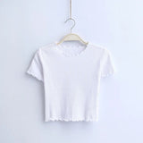 Wood ears O neck Short sleeve T-shirt 2021 New Woman Slim Fit t shirt tight tee Summer Retro Tops 6