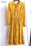 Floral Print Women Dress Female Autumn Long Sleeve Vintage Chiffon Bow Tie Neck Office Lady Shirt Dress Summer