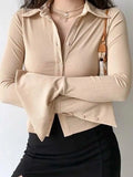 Polo Neck Long Sleeve Rib Blouse- Outfit