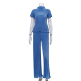 Zingj 2023 Summer New Thin T-Shirt High Waist Blue Pleated Floor Pants Casual Women's Fashion Suit-Outfit
