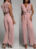 Women Solid Pencil Pants Slim Playsuit Elegant Waist Lace-up Belt Jumper Summer V Neck Ruffles Layered Ladies Office