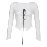 Fairy Grunge Aesthetics Lace Up Front White Crop Tops Y2K Vintage Textured Lettuce Trim Slit Hem Long Sleeve