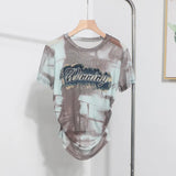 Real Shooting Embroidery With Straight Shoulder Short-Sleeved Mesh T-Shirt Fold Irregular Perspective Hood Top