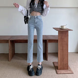 Zingj Pants Female 2024 New Fall 9 Points High-Waisted Pants Fall Small Black Elastic Straight Leg Jeans-Outfit