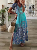 Summer Beach Sundress Robe Female Casual Vintage Printed Loose Beach Long Dress Women Hollow Out Short Sleeve