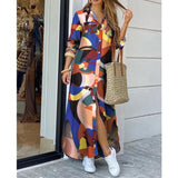Autumn Elegant Button Sexy V Neck Women's Midi Shirt Dress Summer Chain Print Party Maxi Beach Ladies Long Dress