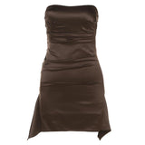 Summer New Women's Fashion Pure Color Sexy Folding Waist Dress Slim Skinny Chest