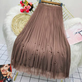 Both Sides Wear Pearls Mesh Skirt Women 2022 Summer Velvet High Waist Long Skirts Woman Solid Color A Line Pleated